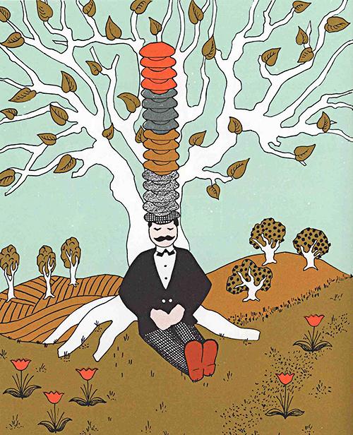 man resting by a tree wearing a very tall stack of hats