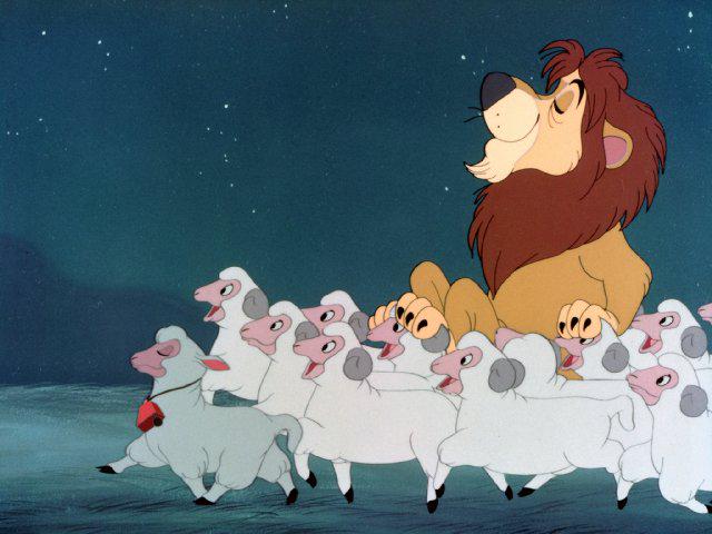 Lambert the Sheepish Lion getting carried like a hero by his family of sheep