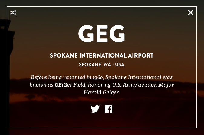 GEG airport within the Airport Codes UI with a shuffle button in the upper left