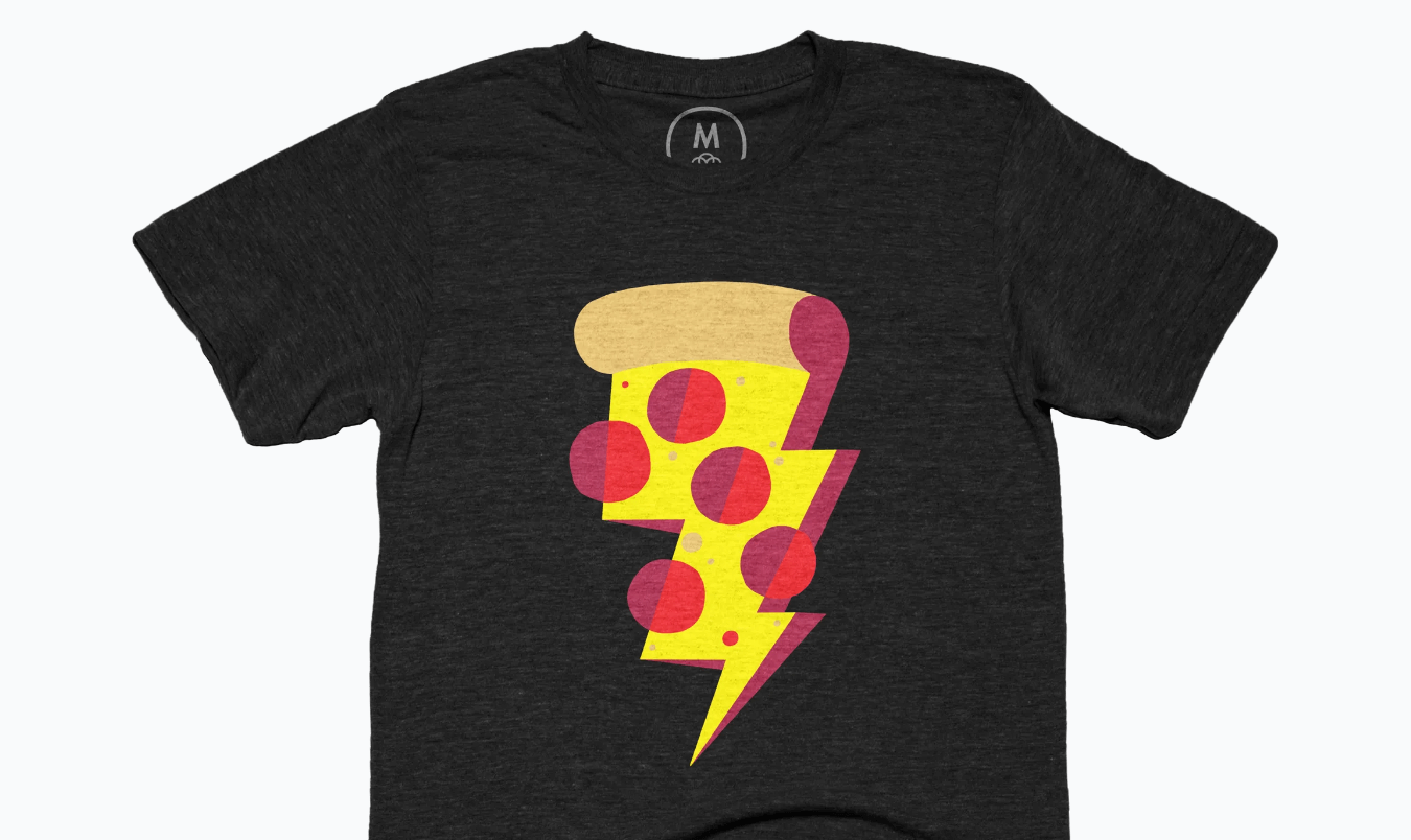t-shirt with a lightning bolt made of pizza