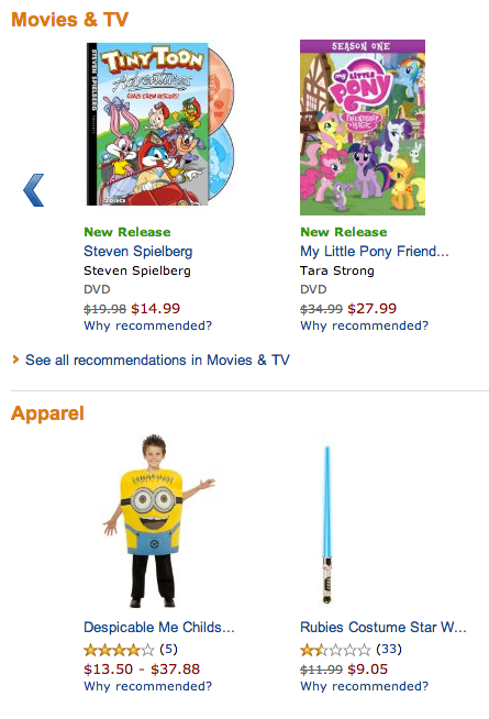 DVDs for Tiny Toon Adventures and My Little Pony, plus a Sponge Bob costume and a light saber