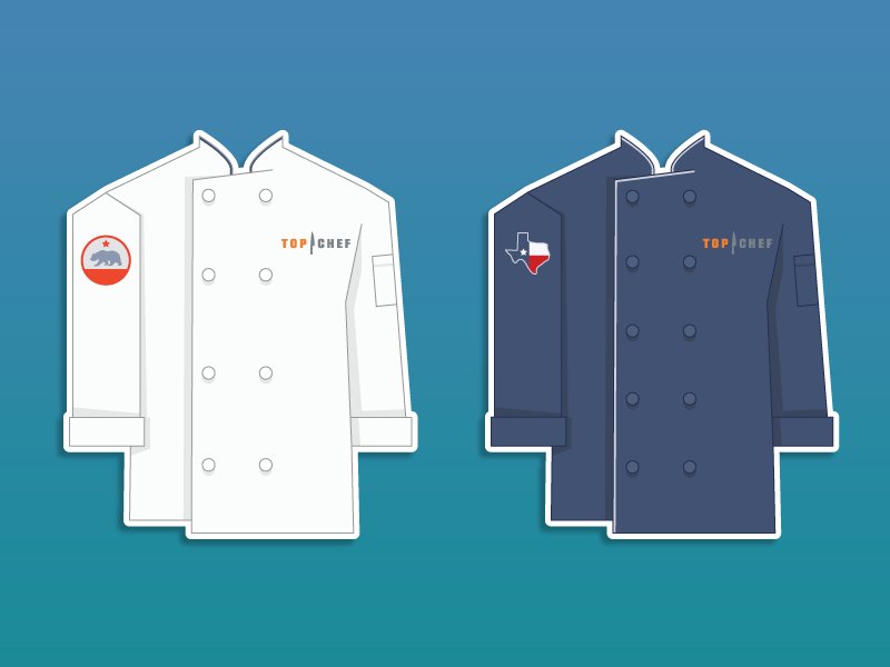 illustrations of two Top Chef coats, one white and white dark blue