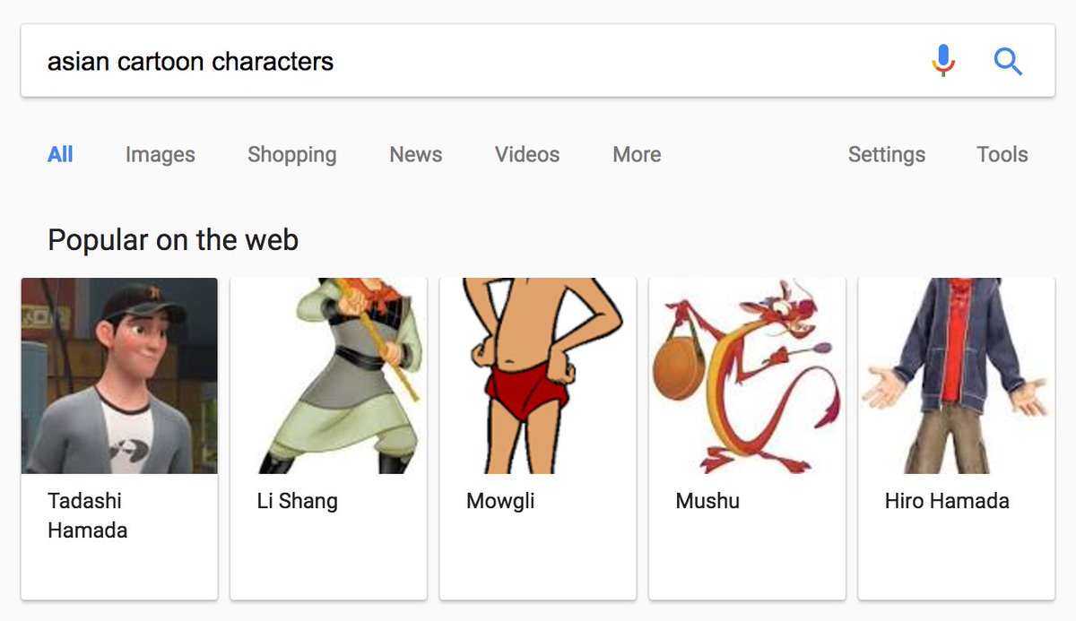 google search of “Asian cartoon characters” and results are Tadashi Hamada, Li Shang, Mowgli, Mushu, and Hiro Hamada