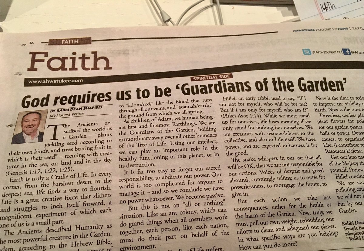 newspaper article headlined “God requires us to be Guardians of the Garden”