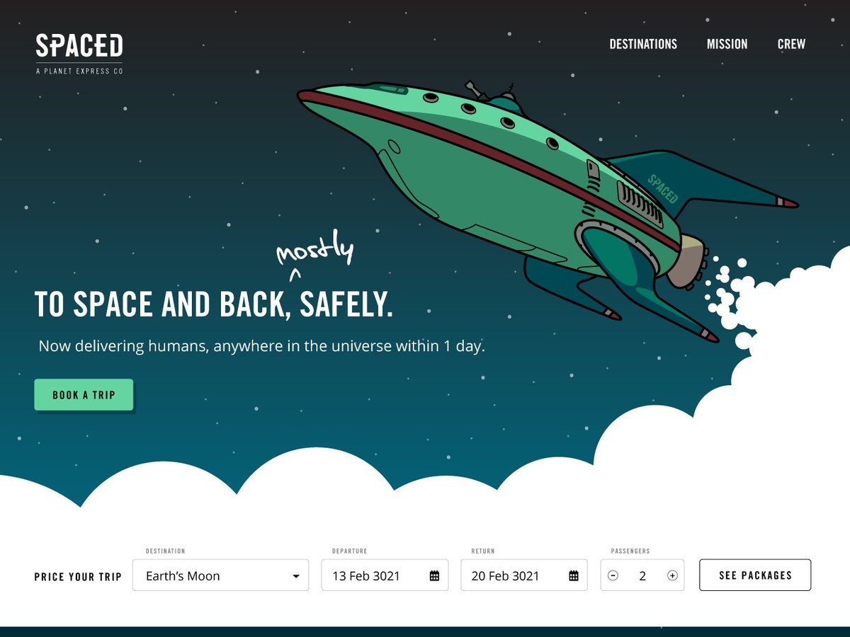 SPACED website with Futurama Planet Express ship in hero