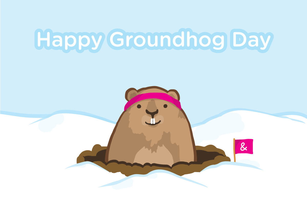 Happy Groundhog Day - a little groundhog in a pink sweatband peeking out of his groundhog hole