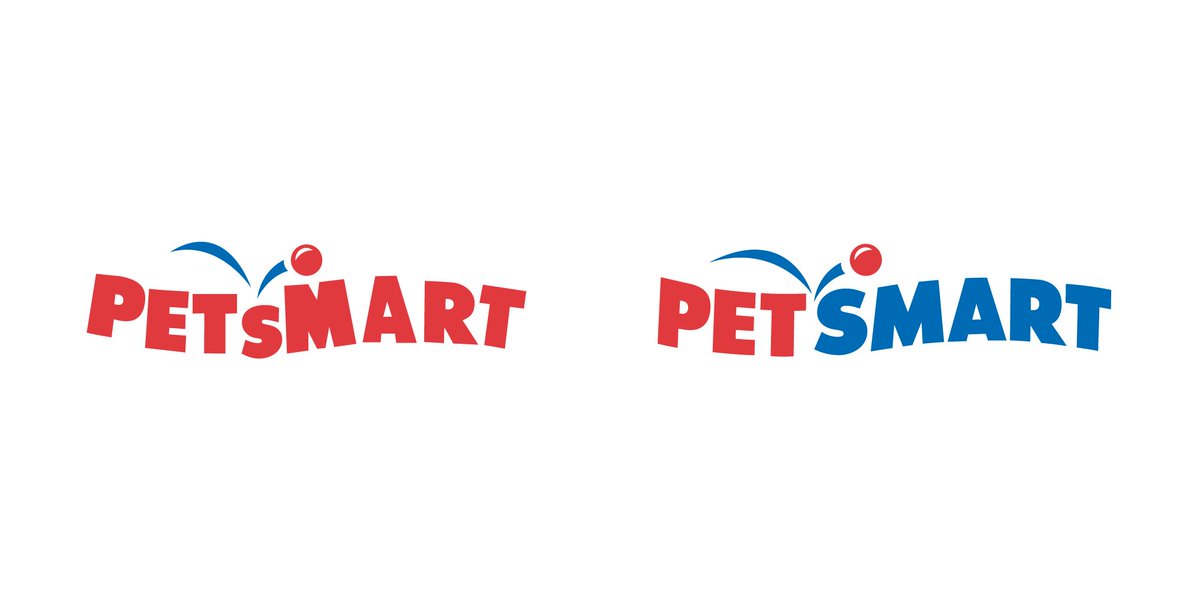 Old Petsmart logo: all red letters, PETSMART; New logo: PET in red, SMART in blue separating the two words visually.