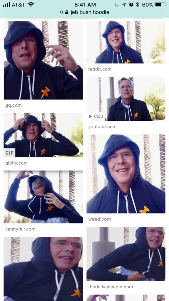 Google image search of Jeb Bush putting a zip up hoodie on like a pullover.