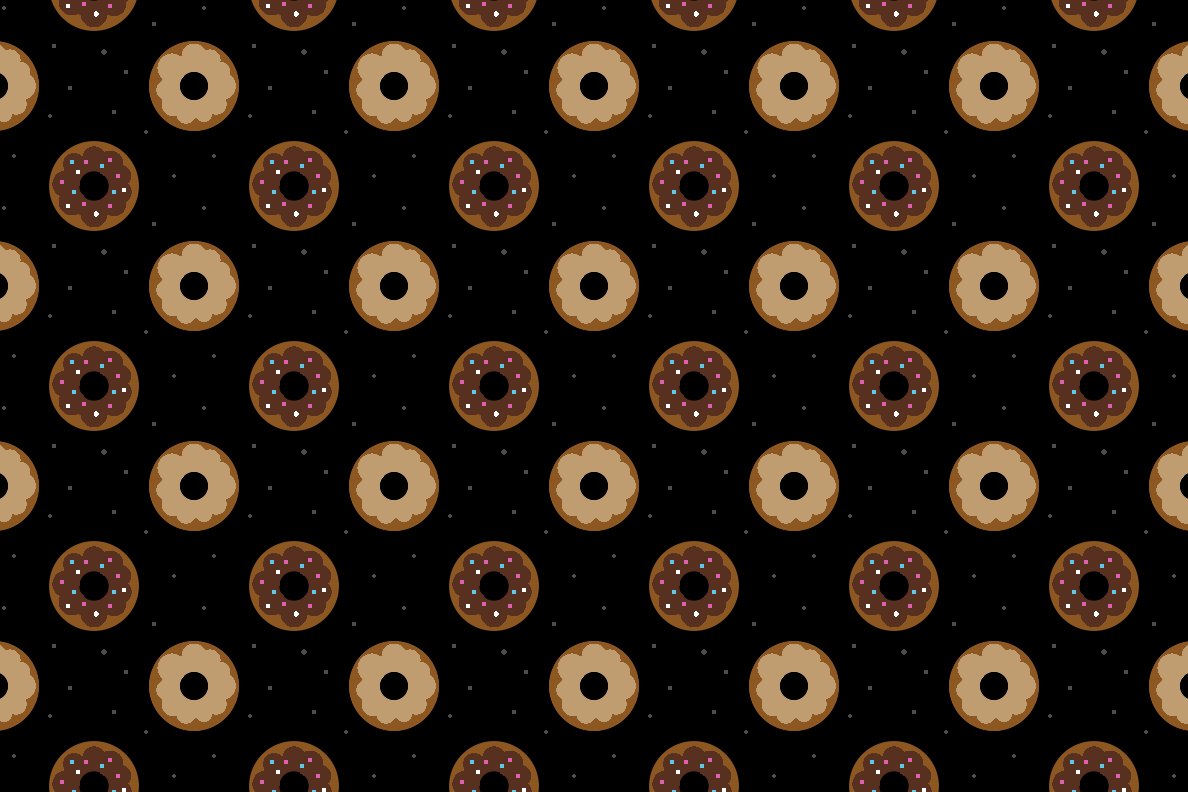 A pattern of maple and chocolate frosted donuts floating amongst the stars.