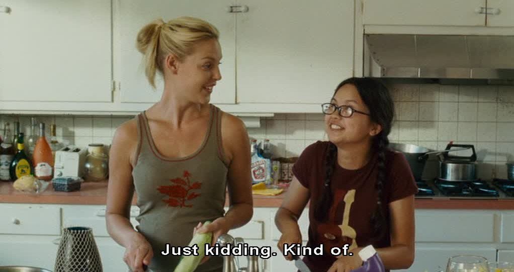 A screencap from the movie Knocked Up. Stoner Jody looks at Allison and says "Just kidding. Kind of."