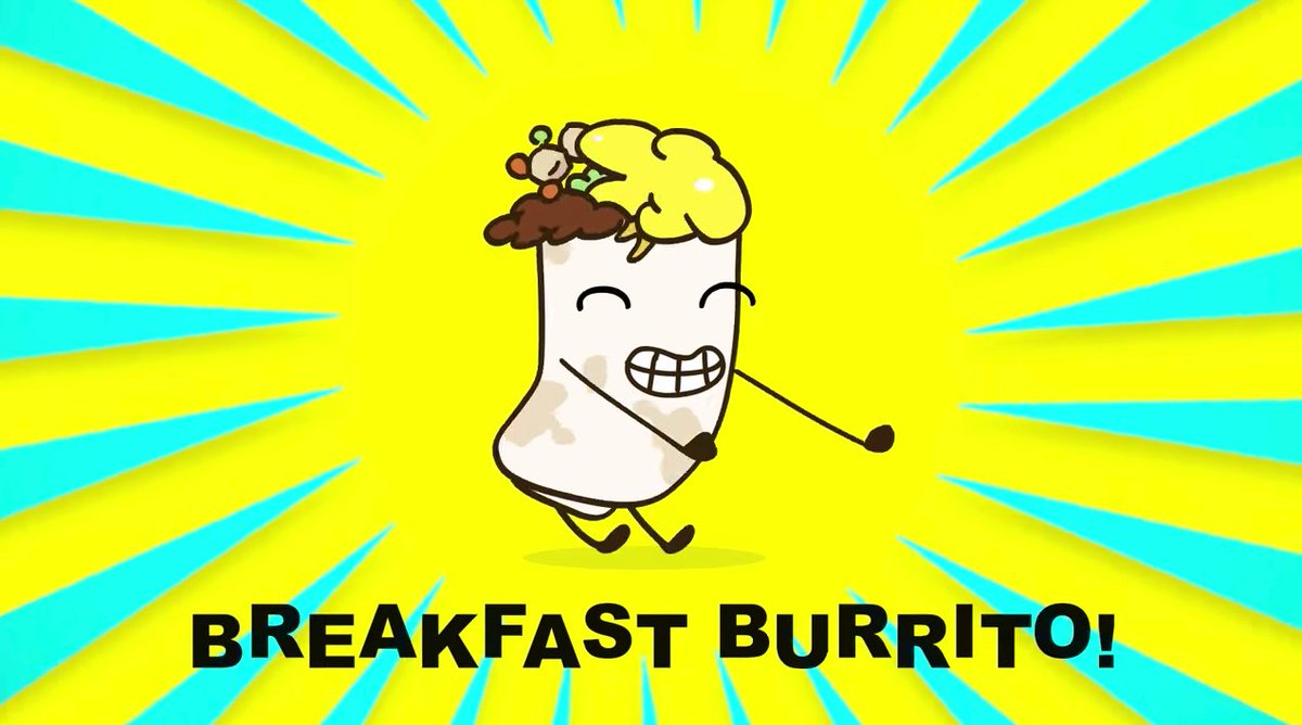 A breakfast burrito dancing joyfully.