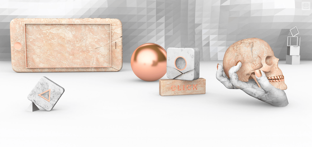 iPhone, app icons, and a skull made of stone