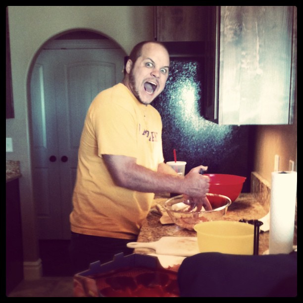 Jake screaming while stirring jam