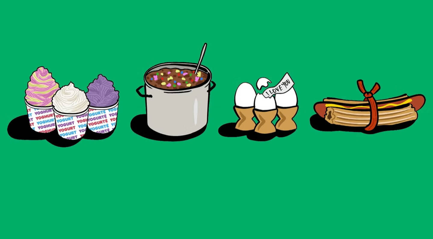 illustrations of froyo, peeps chili, and churro hot dog