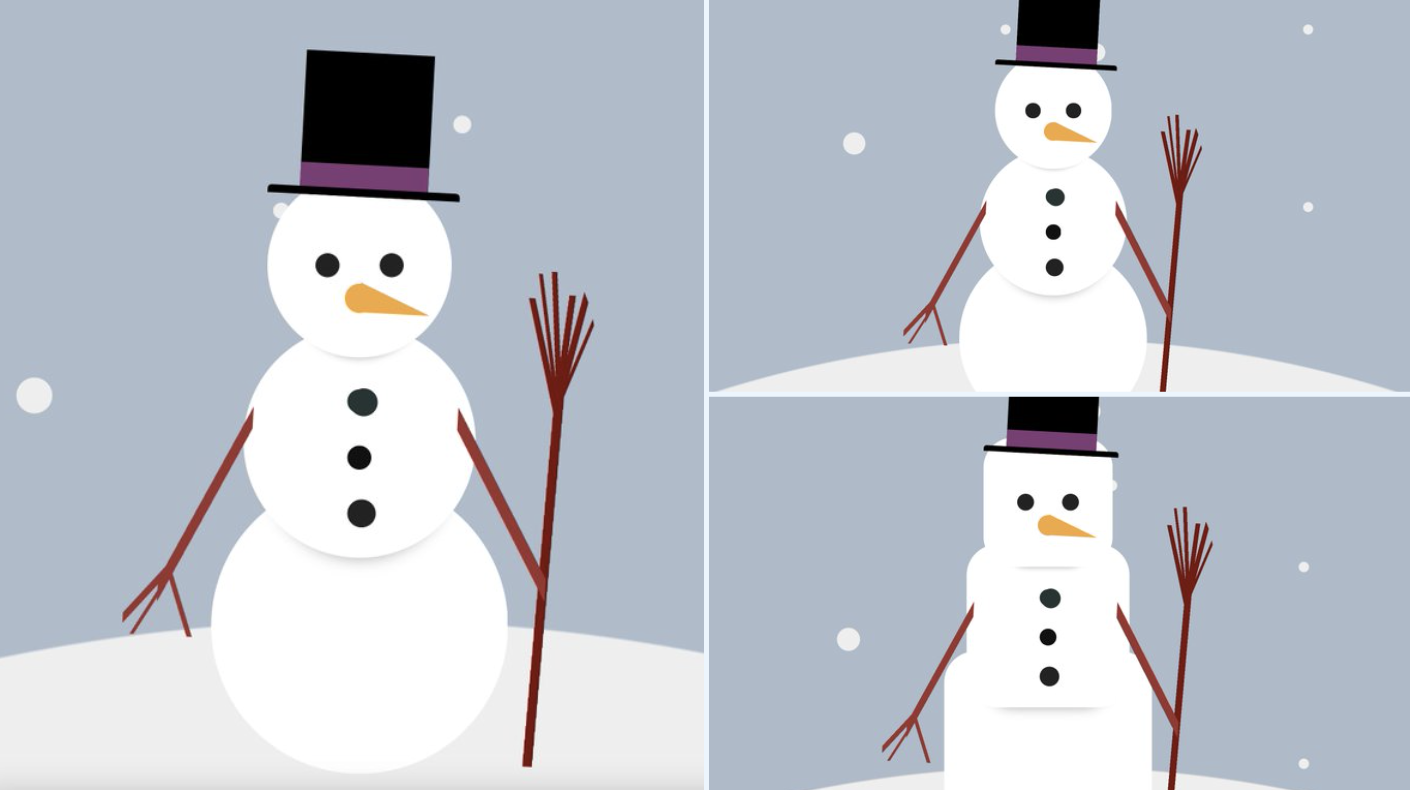 three images of snowmen, one of them has square body segments instead of round