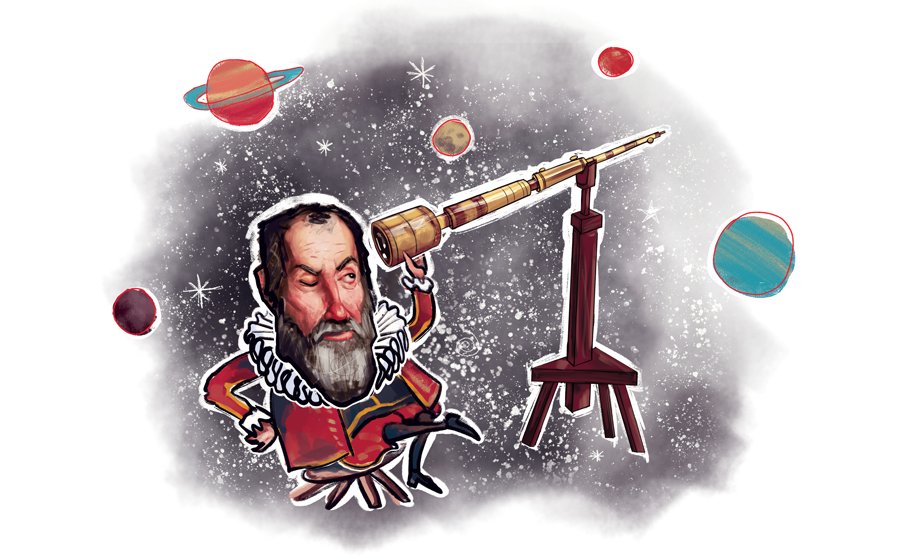 An illustrated Galileo sits among the stars and planets and peers into a backwards telescope.