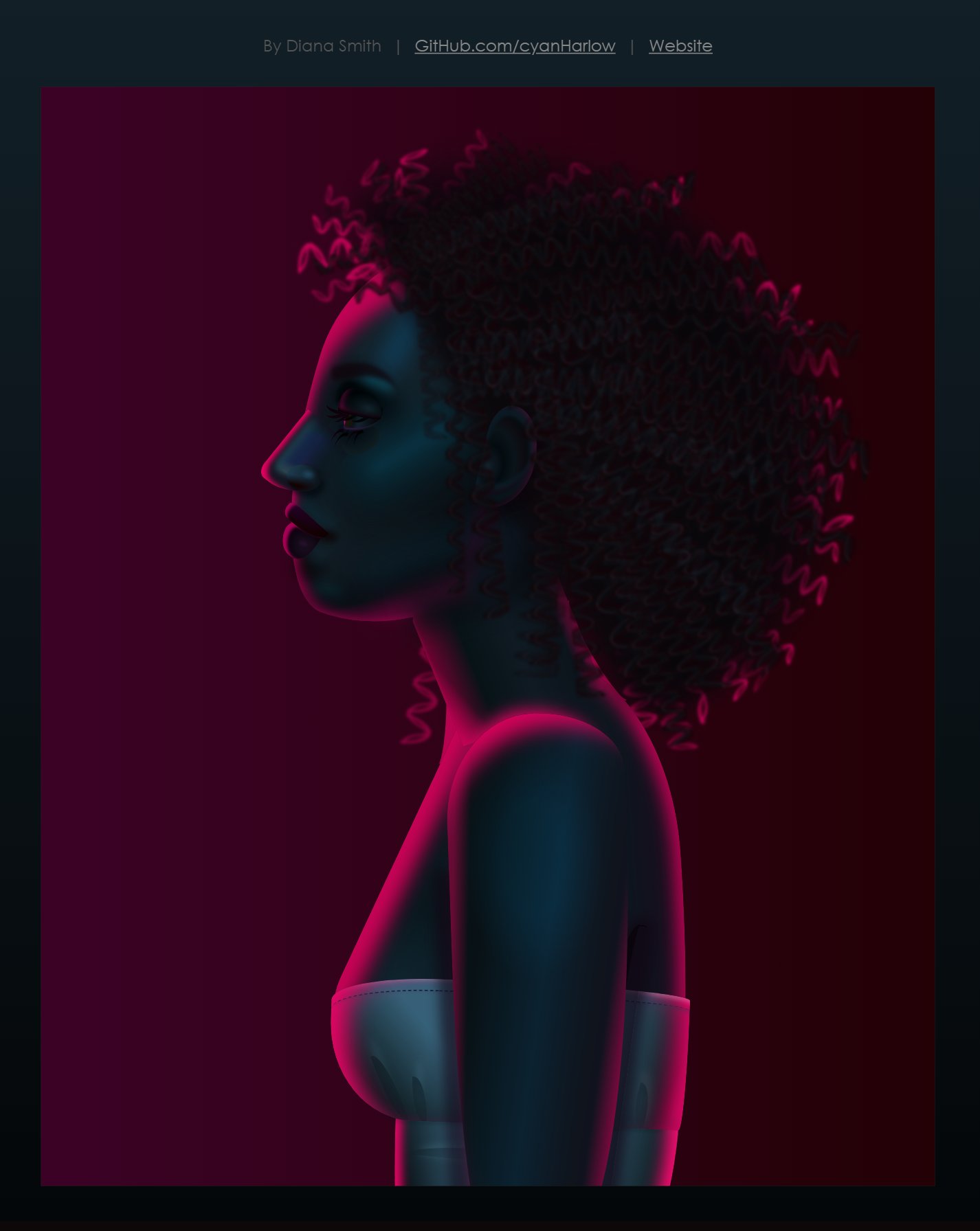 CSS Drawing of a woman with curly hair backlit in pink gel lights