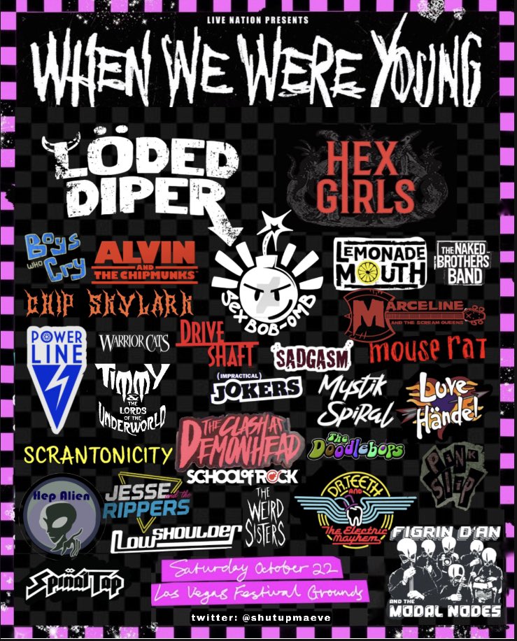 When We Were Young poster with fake bands from movies like Spinal Tap and The Clash at Demonhead