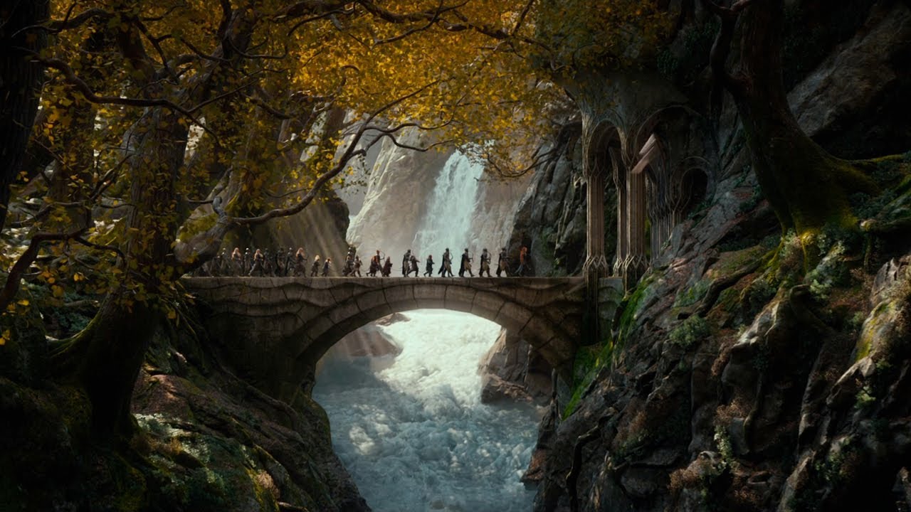 elves and dwarves crossing a bridge in Rivendell