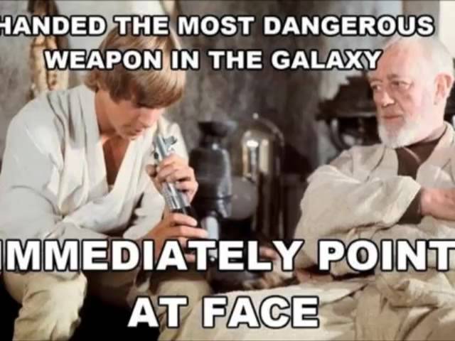 Luke is with Obi-Wan and is pointing a light saber hilt as his face