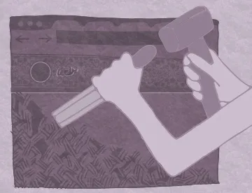 monochrome illustration of a person building a website with a hammer and chisel